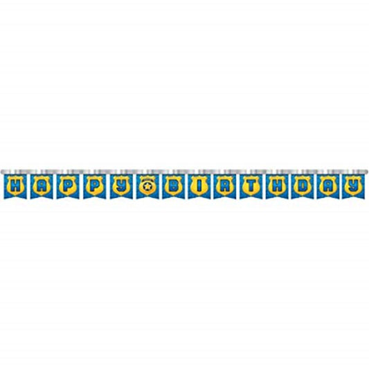 Blue and yellow jointed paper banner spelling "Happy Birthday" with police badge designs.