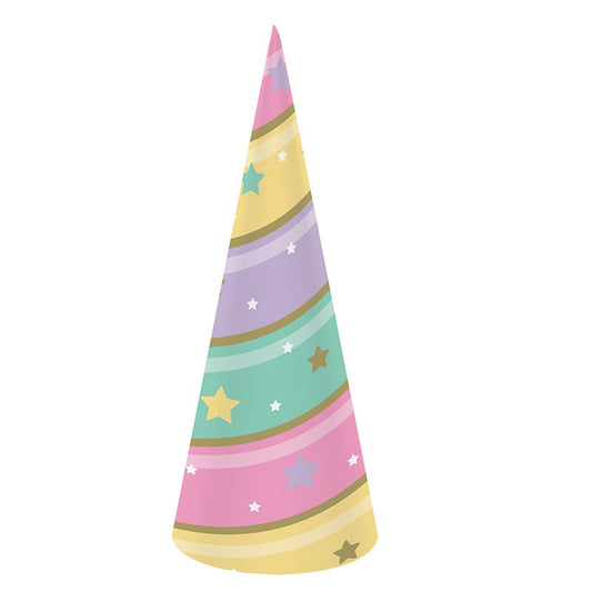 Tall, colorful party hat with pastel stripes and star patterns, shaped like a unicorn horn.