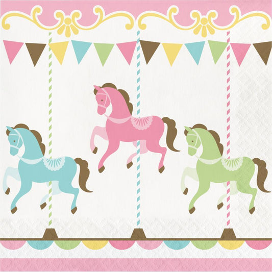 Napkins with colorful carousel horses in pink, blue, and green, accented with pastel pennant banners and scalloped edges.
