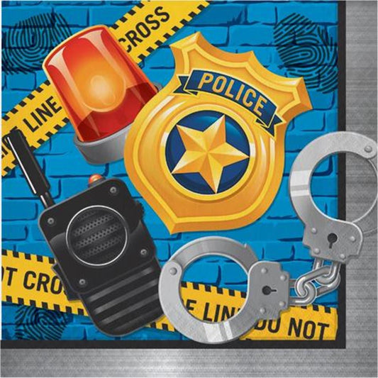 Blue napkin with police badge, handcuffs, red siren, walkie-talkie, and yellow crime scene tape design.