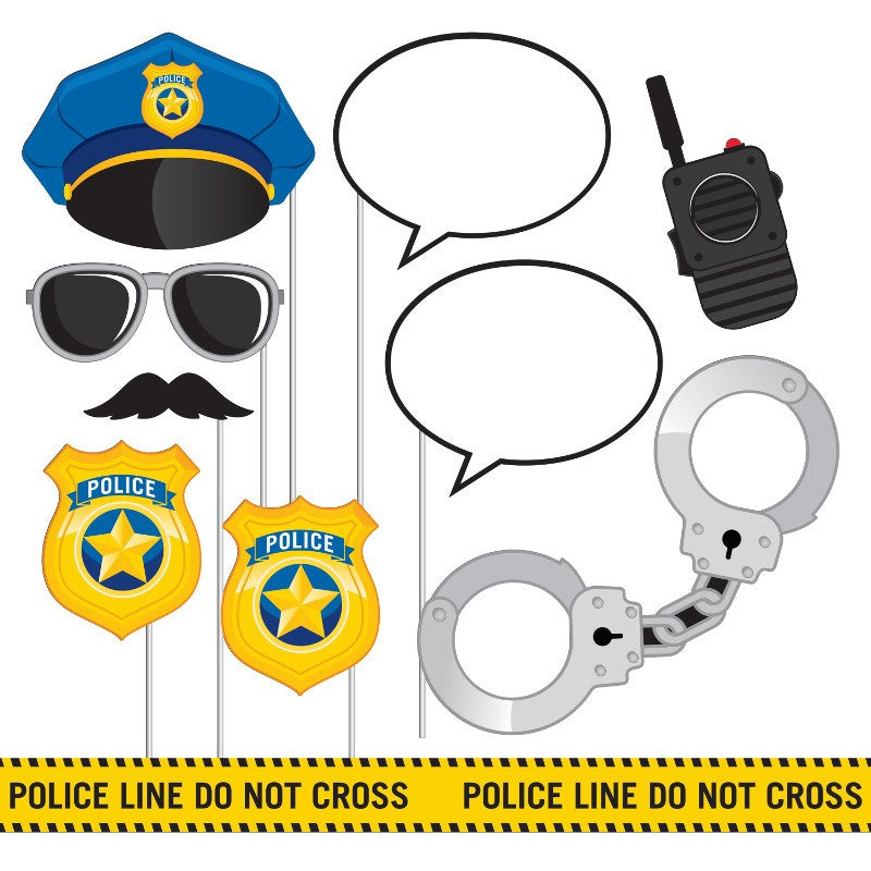 Set of 10 police party photo props including blue police hats, gold badges, silver handcuffs, black walkie-talkie, white.