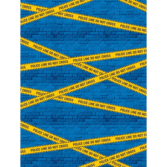 Blue brick wall backdrop with crisscrossed yellow "Police Line Do Not Cross" tape for party decoration.