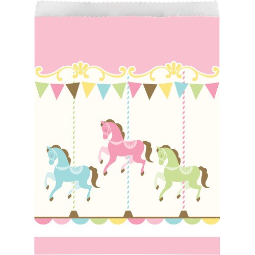 Pink and white paper treat bag with colorful carousel horses and bunting design.