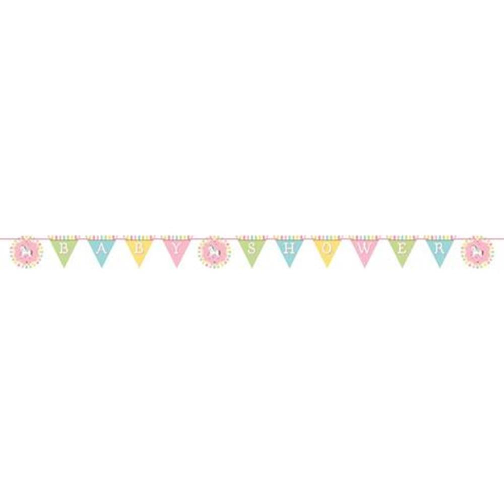 Colorful triangular pennant banner with pastel pink, yellow, blue, and green flags, interspersed with round carousel horse.