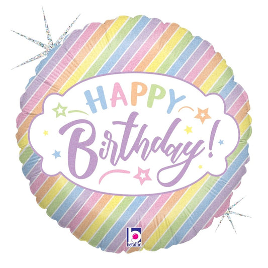 Round holographic balloon with diagonal pastel rainbow stripes and "Happy Birthday!" in colorful letters.