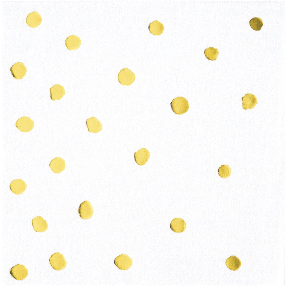 White square beverage napkin with scattered gold foil polka dots, 3-ply textured paper.