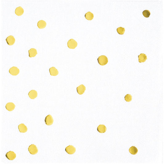 White square beverage napkin with scattered gold foil polka dots, 3-ply textured paper.