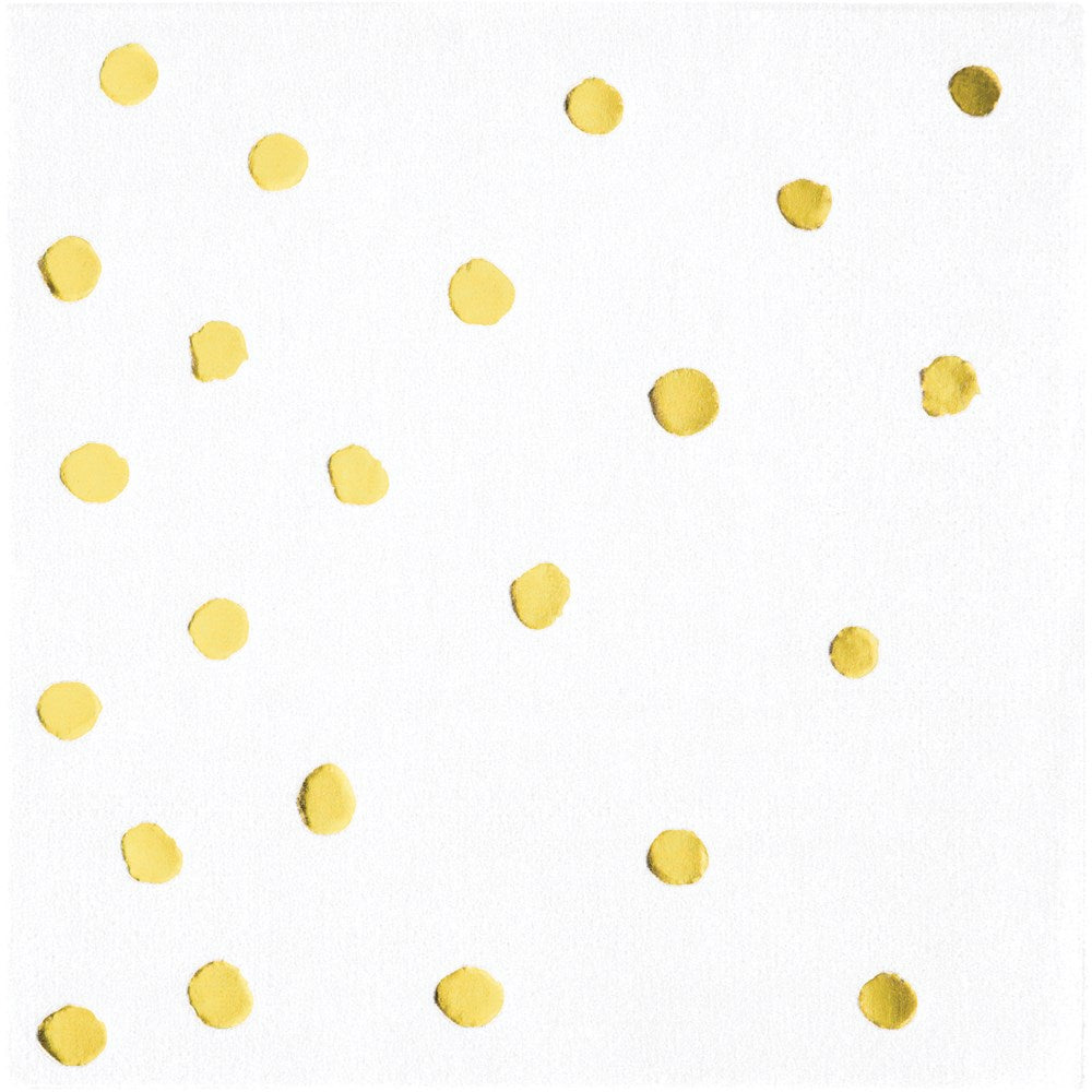 White 3-ply beverage napkin with scattered gold foil polka dots, square shape, 16 count pack.