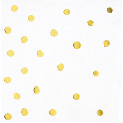 White 3-ply beverage napkin with scattered gold foil polka dots, square shape, 16 count pack.