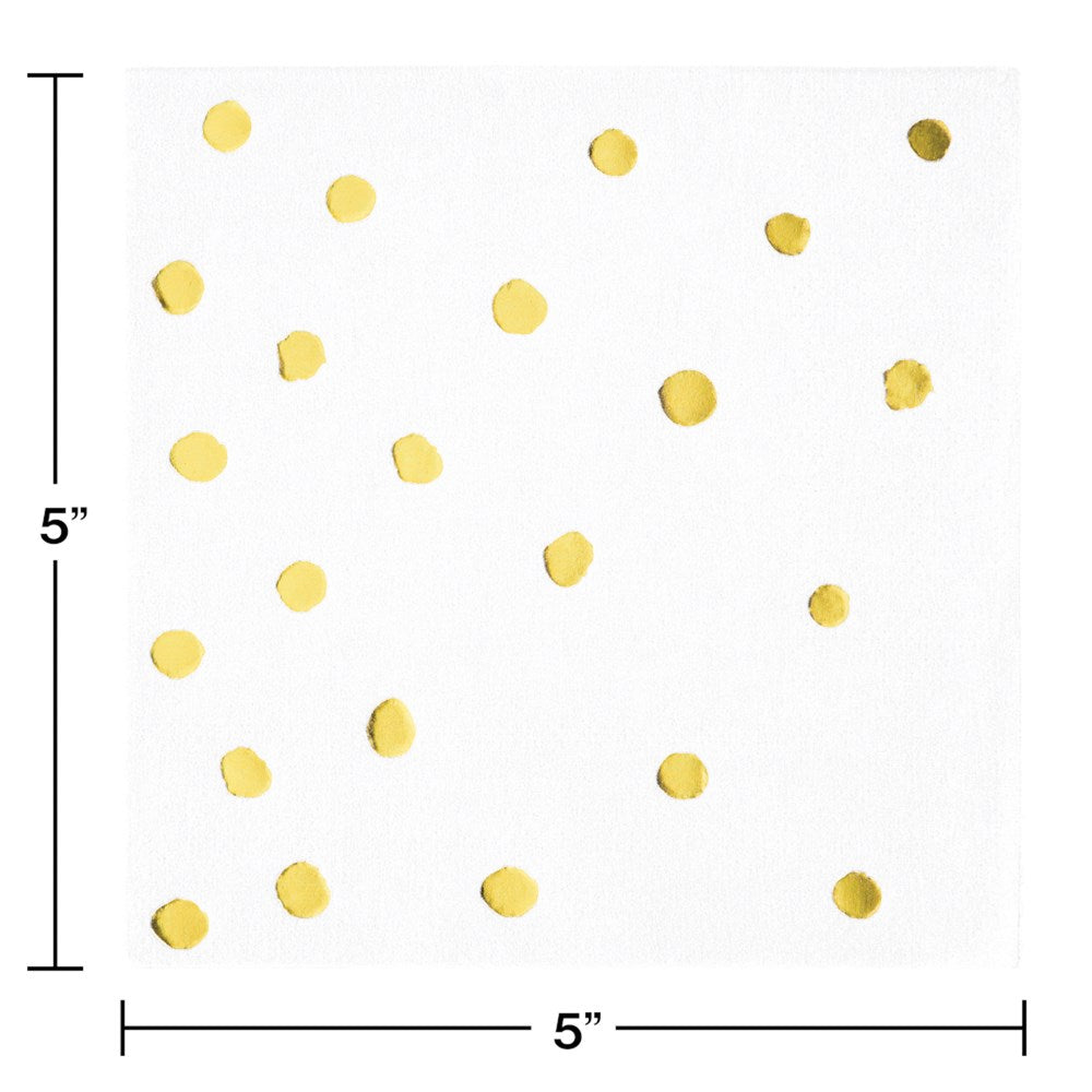 Square white paper napkin with scattered shiny gold foil polka dots, 5 by 5 inches.