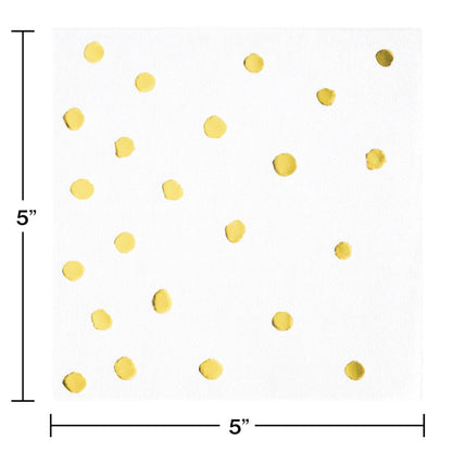 Square white paper napkin with scattered shiny gold foil polka dots, 5 by 5 inches.