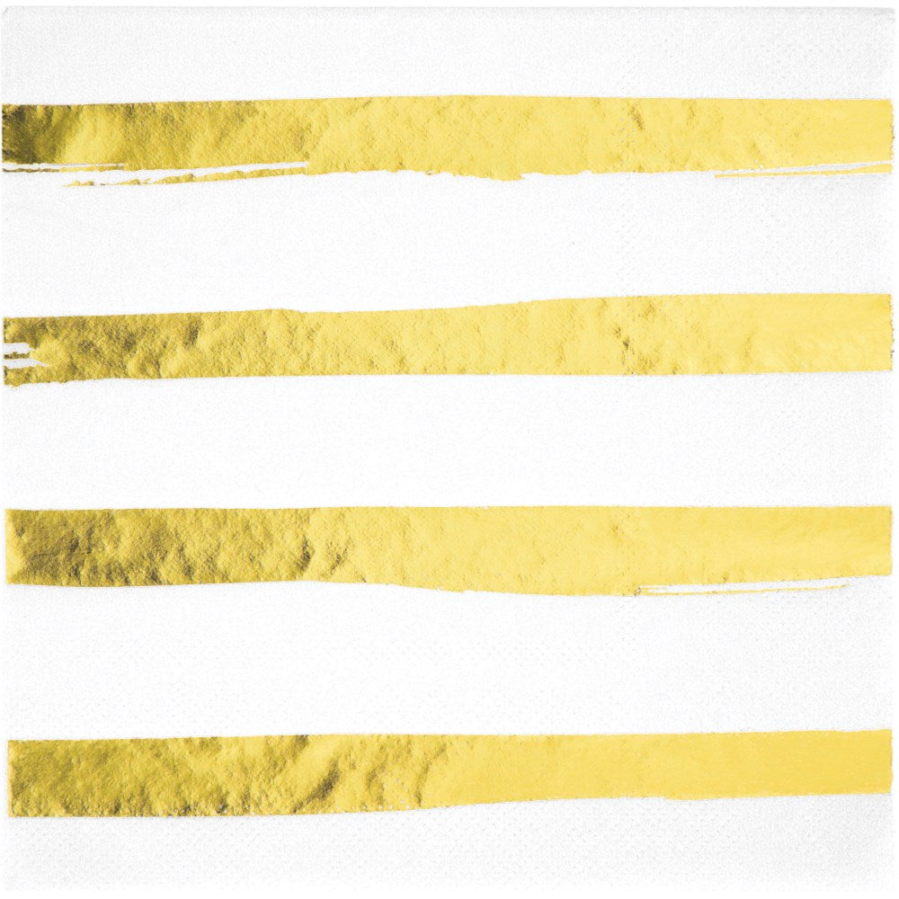 White 3-ply luncheon napkin with three horizontal gold foil stripes.
