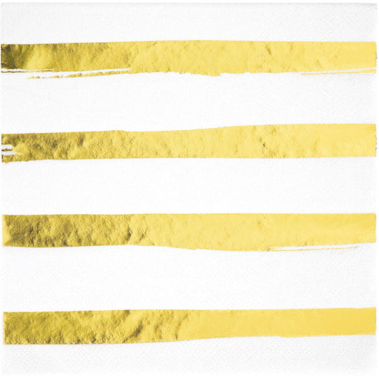 White 3-ply luncheon napkin with three horizontal gold foil stripes.