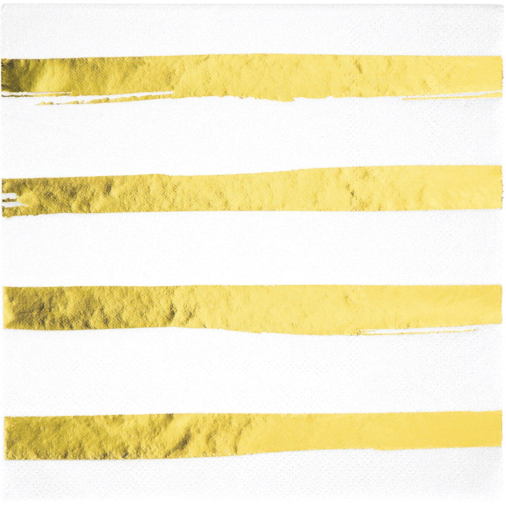 White square luncheon napkin with four horizontal shiny gold foil stripes, three-ply texture.