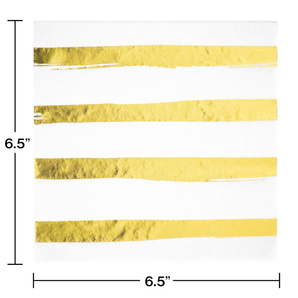 White square luncheon napkin with three horizontal gold foil stripes on textured 3-ply paper, 6.5 by 6.5 inches.
