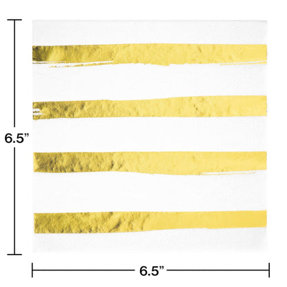 White square luncheon napkin with three horizontal gold foil stripes on textured 3-ply paper, 6.5 by 6.5 inches.