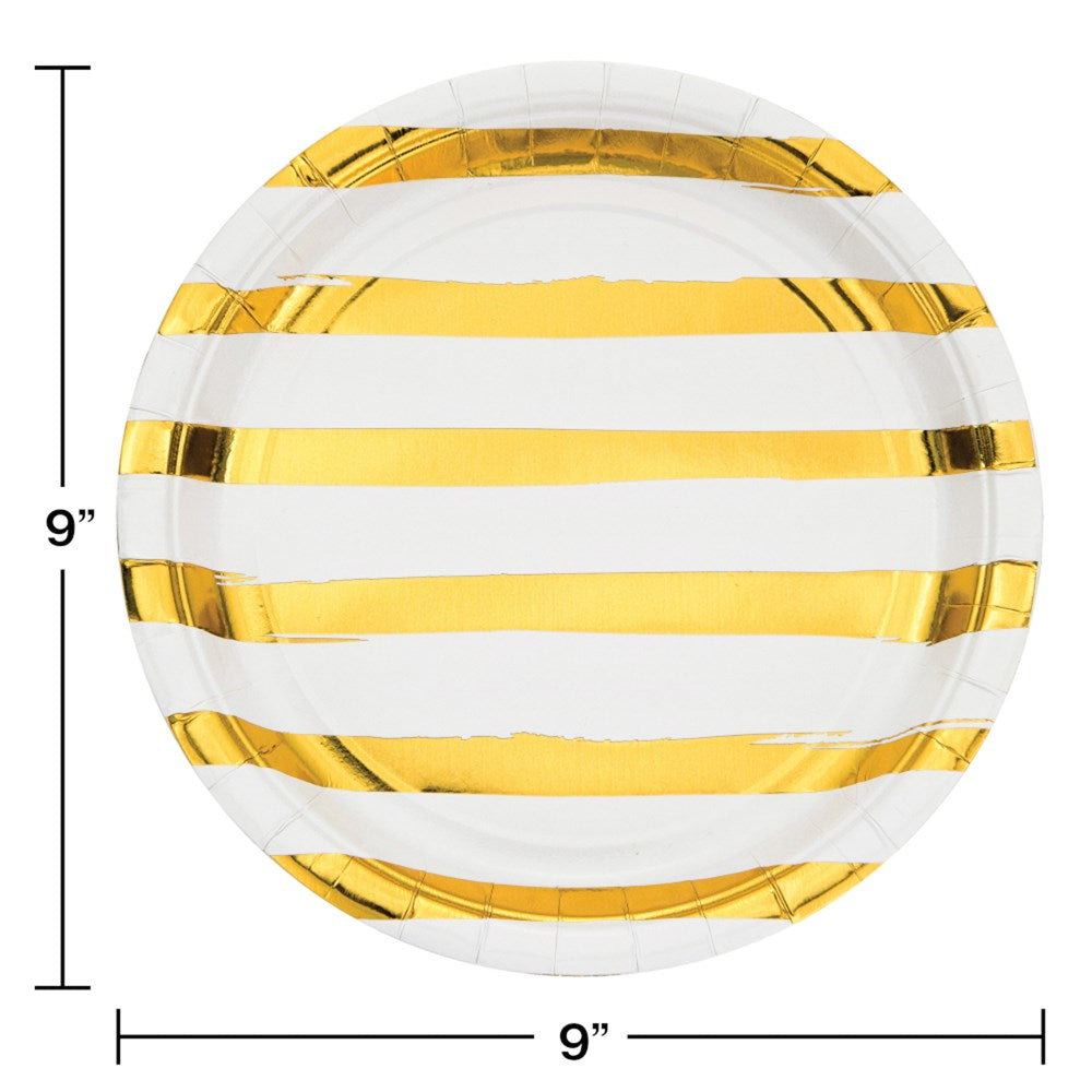 Round white paper dinner plate with horizontal gold foil stripes, 9-inch diameter.