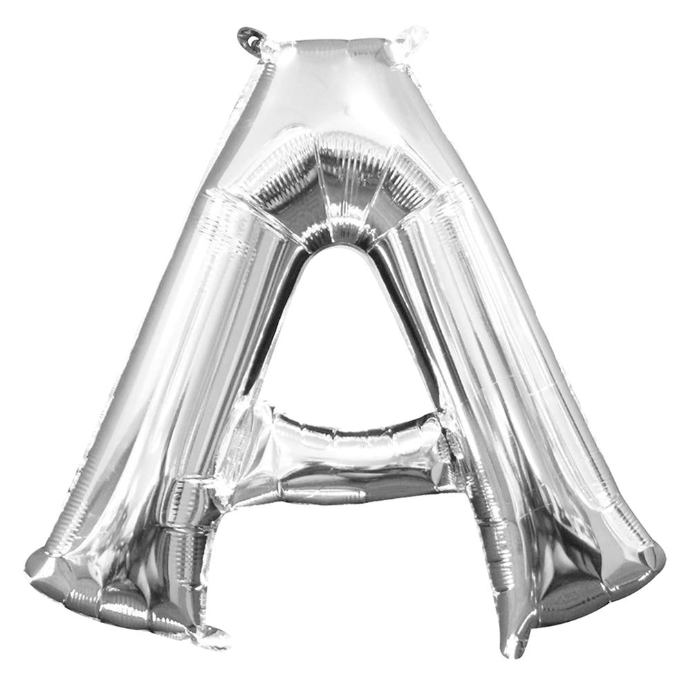 Silver metallic foil balloon shaped like the letter A, 16 inches tall.