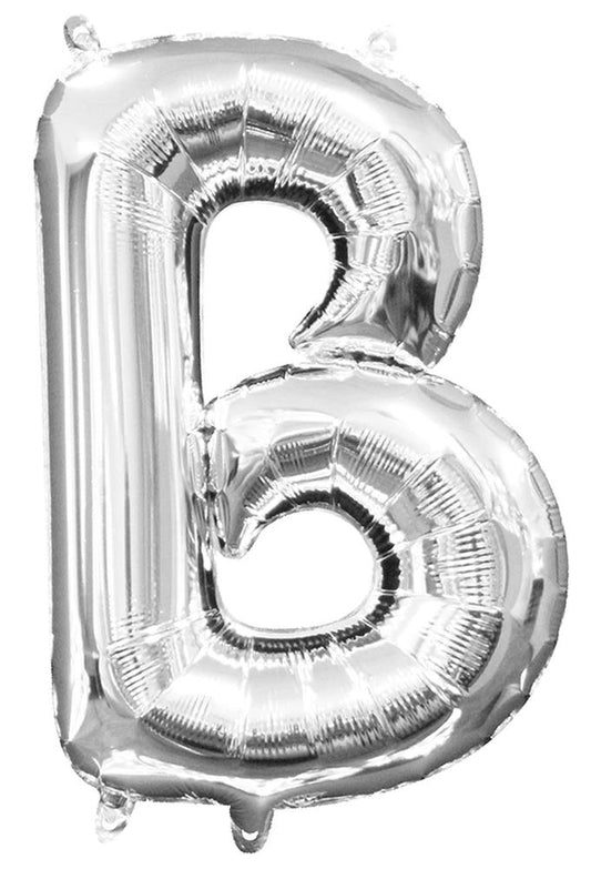 Silver foil balloon shaped as the letter B, 16-inch size with air-filled texture.