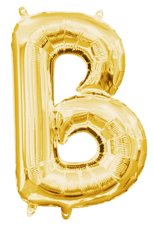 14-inch gold metallic balloon shaped like the letter B with glossy finish.