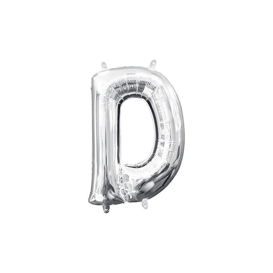Silver metallic foil balloon shaped like the letter D, 16 inches tall, air-filled.