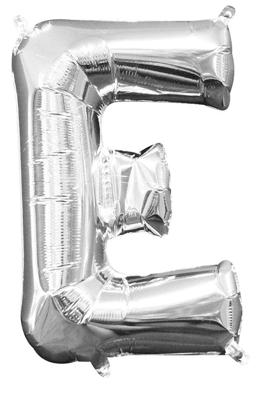 Silver foil balloon shaped like the letter E, 16 inches tall, shiny metallic finish.