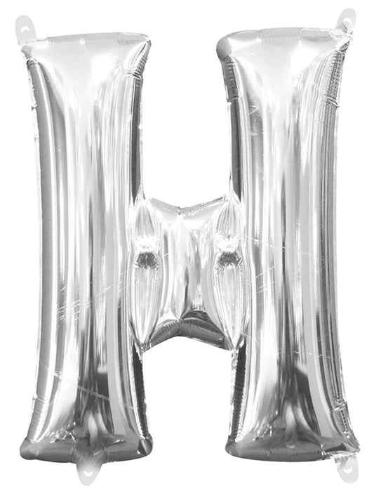 Shiny silver foil balloon shaped as the letter H, 16 inches tall, air-filled.