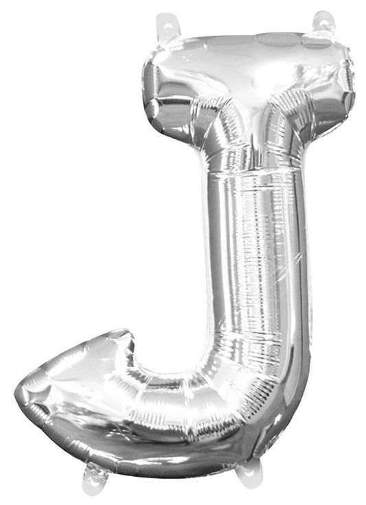 Silver metallic foil balloon shaped like the letter J, 16 inches tall, air-filled with hanging tabs.