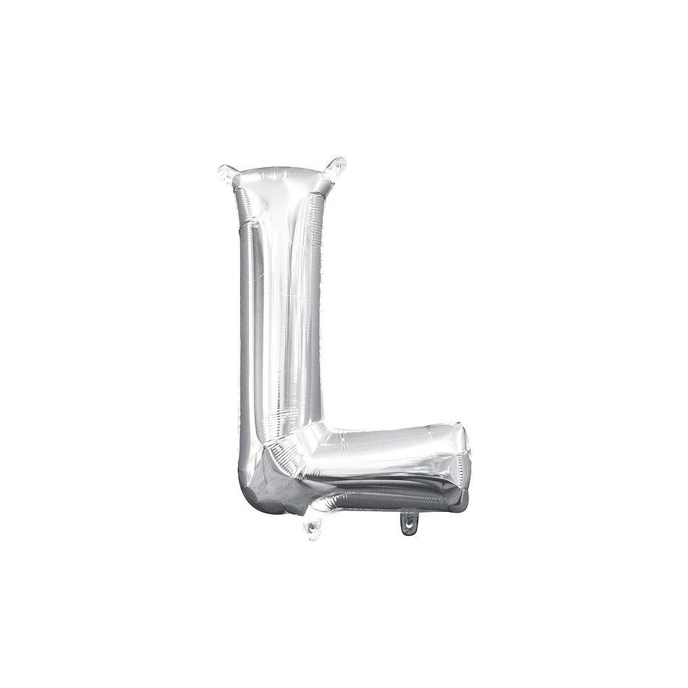 Silver metallic foil balloon shaped as the letter L, 16 inches tall, air-filled with tabs for hanging.