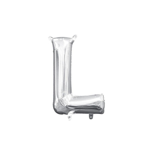 Silver metallic foil balloon shaped as the letter L, 16 inches tall, air-filled with tabs for hanging.