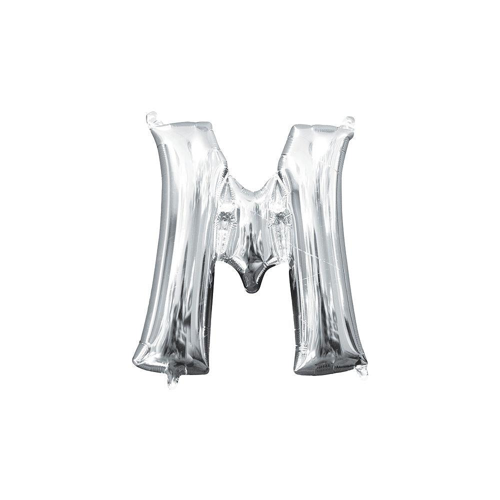 16-inch silver metallic foil balloon shaped as letter M, air-filled with glossy finish.