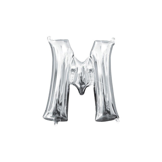 16-inch silver metallic foil balloon shaped as letter M, air-filled with glossy finish.