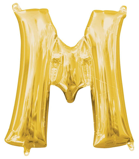 14-inch gold foil balloon shaped as the letter M with a shiny metallic finish.
