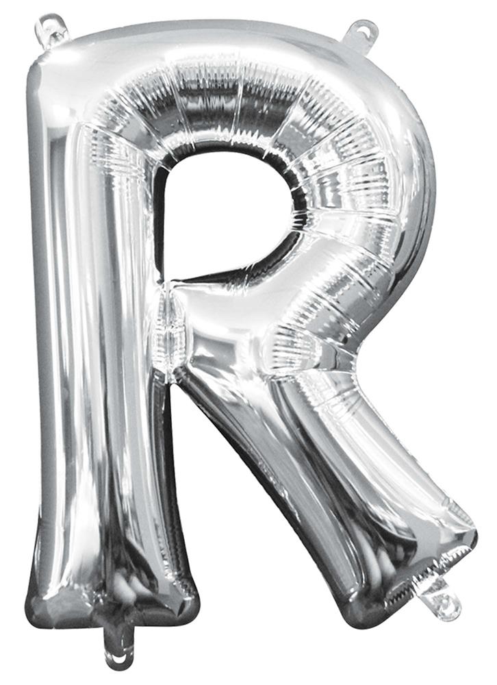 16-inch silver foil balloon shaped like the letter R with a shiny metallic finish.