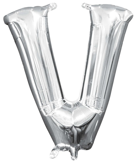 Silver metallic foil balloon shaped as the letter V, air-filled, 16 inches tall.