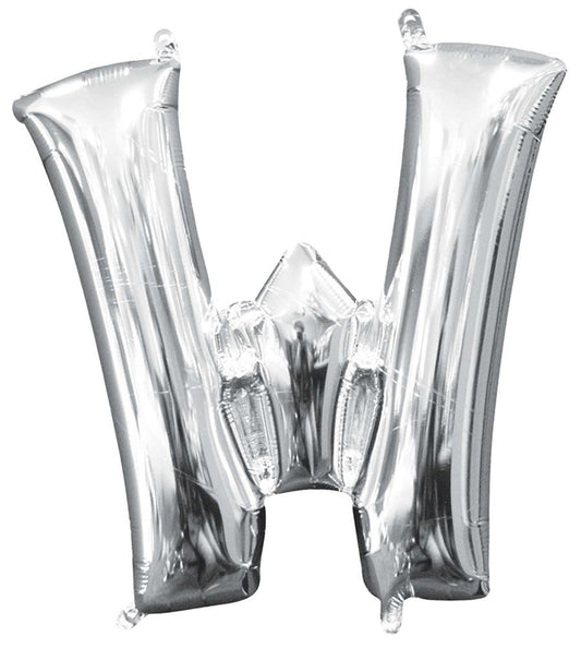 Silver foil balloon shaped as the letter W, 16 inches tall, air-filled with a glossy finish.