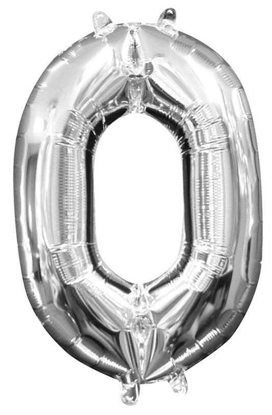 Silver foil balloon shaped as the number 0, 16 inches tall, shiny and reflective surface.