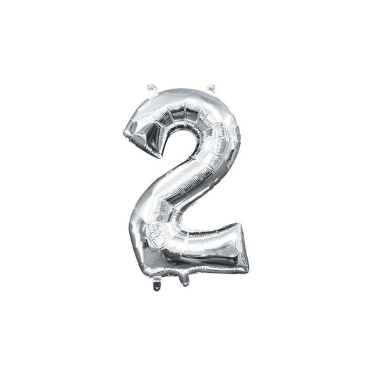 Silver metallic foil balloon shaped like the number 2, 16 inches tall, air-filled.