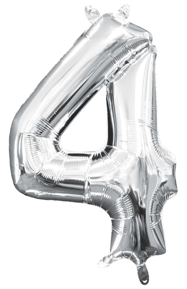 Silver metallic foil balloon shaped as the number 4, 16 inches tall, air-filled.