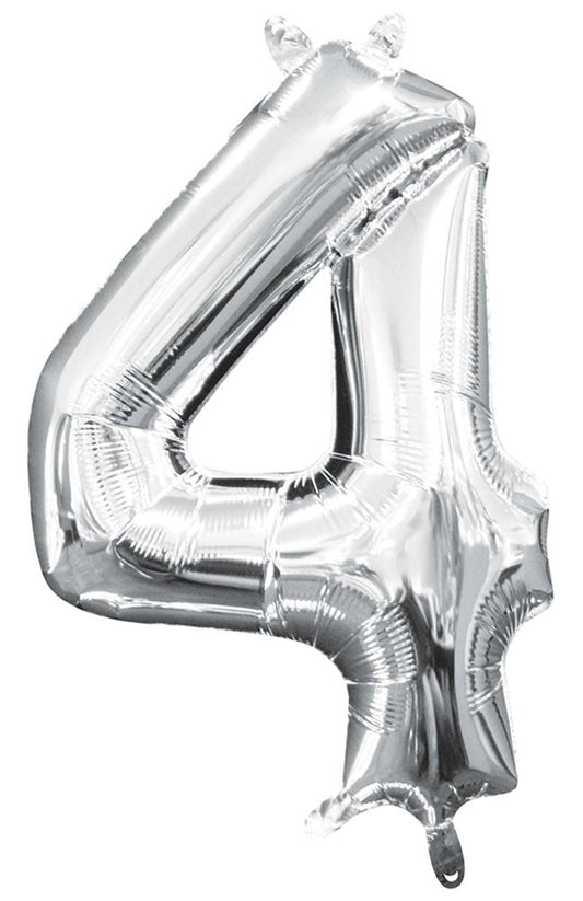 Silver metallic foil balloon shaped as the number 4, 16 inches tall, air-filled.