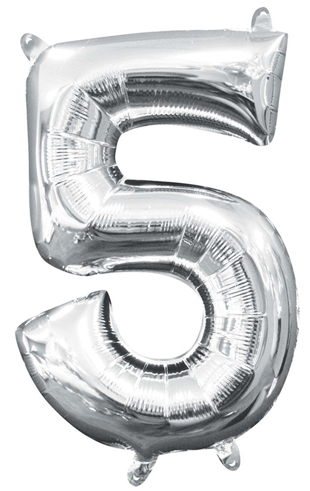Silver foil balloon shaped as the number 5, 16 inches tall, air-filled design.