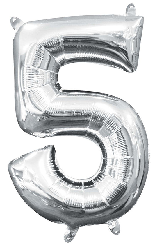 Silver foil balloon shaped as the number 5, 16 inches tall, air-filled design.