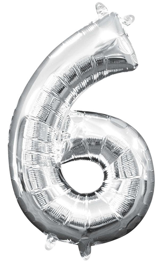 Silver metallic foil balloon shaped as the number 6, 16 inches tall, air-filled.