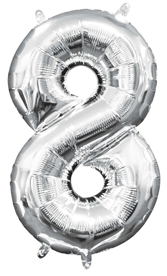 Silver metallic foil number 8 balloon, 16 inch, shiny surface with sealed edges.