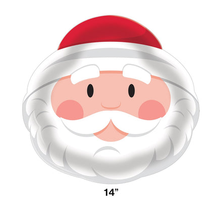 14-inch round plastic tray shaped and decorated like Santa Claus face with red hat and white beard.