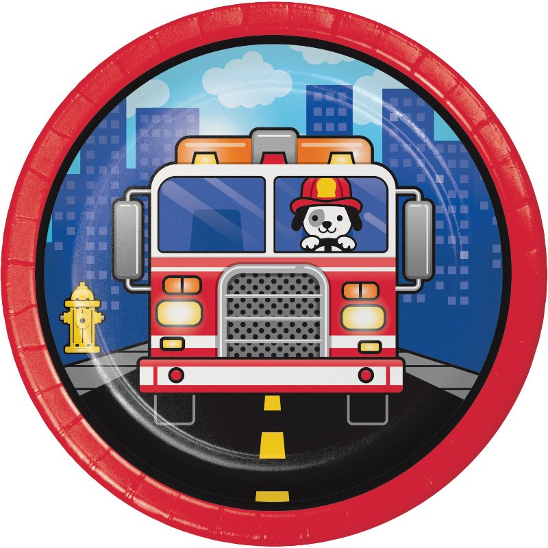 Round paper plate with a red border featuring a cartoon red fire truck and a Dalmatian dog wearing a firefighter helmet in a