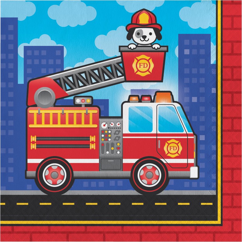 Square kids' napkin with red fire truck and Dalmatian firefighter in extended ladder against city backdrop.