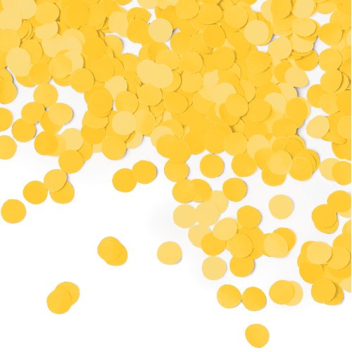 Bright yellow circular tissue paper confetti scattered loosely on a white surface.