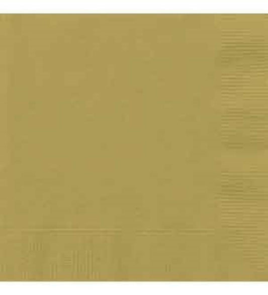 Stack of small, square, gold paper napkins with a smooth finish and subtle embossed edges.