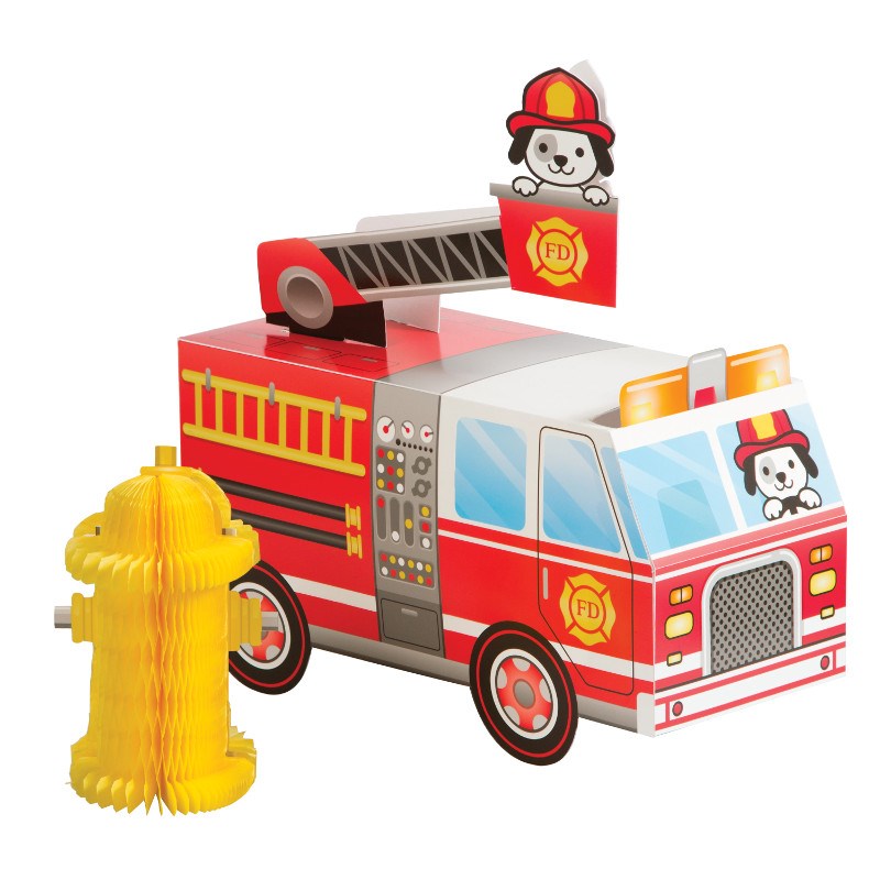 Red and white 3D cardboard fire truck centerpiece with cartoon firefighter dog and yellow fire hydrant accessory.